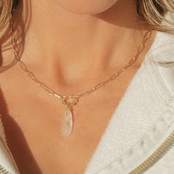 Beautiful Necklace Gemstone Pendant Gold Paperclip Chain Moonstone Labradorite - Picture 5 of 12